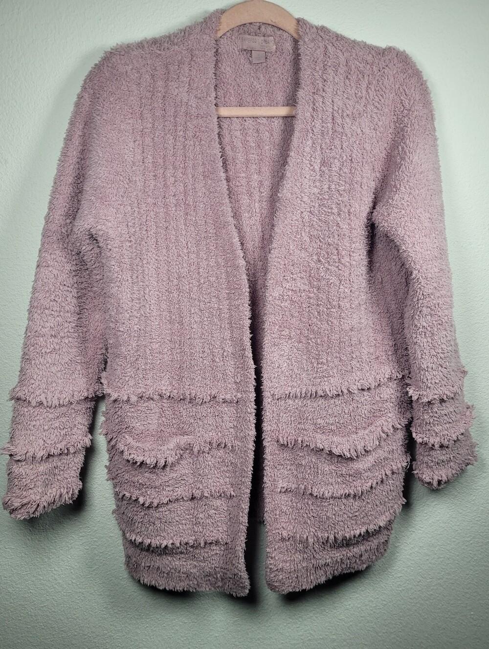 Barefoot Dreams CozyChic Open Front Fringe Cardigan Sweater Pink Small Plush